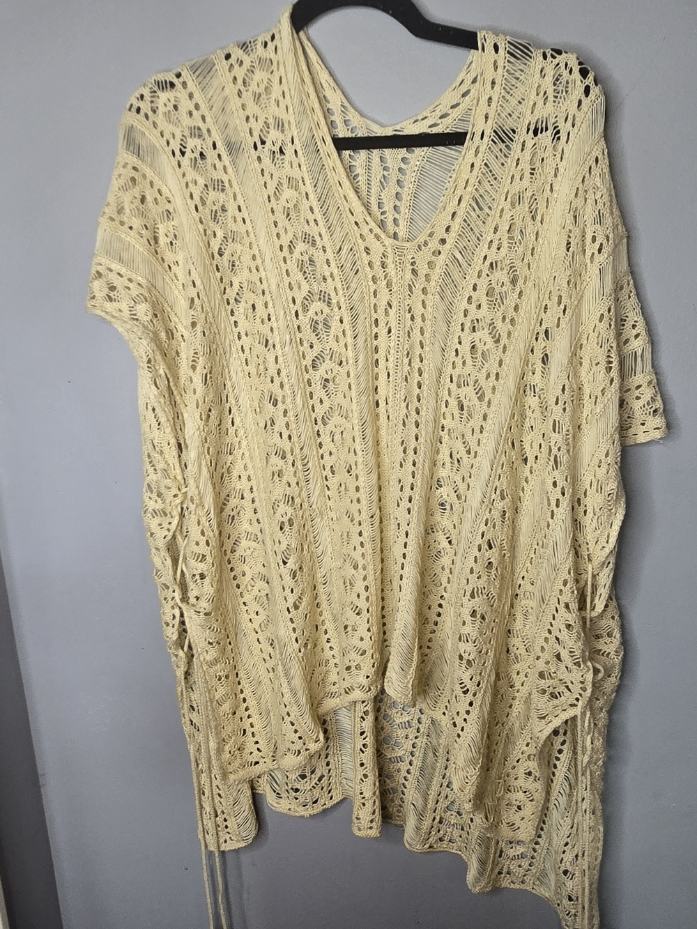 Boho Crochet Knit Swim Cover Up Beige Cream Open Knit V-Neck Size M/L Side Ties